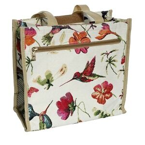 Hummingbird Tapestry Shopper Bag Signare Design Beige Flowers Zip 11.5" x11" x5"